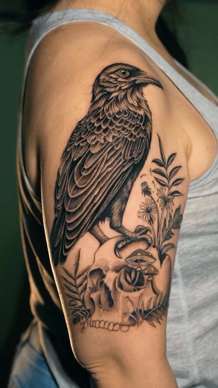 Tattoo by @bluebird.ink β realism, black_and_grey