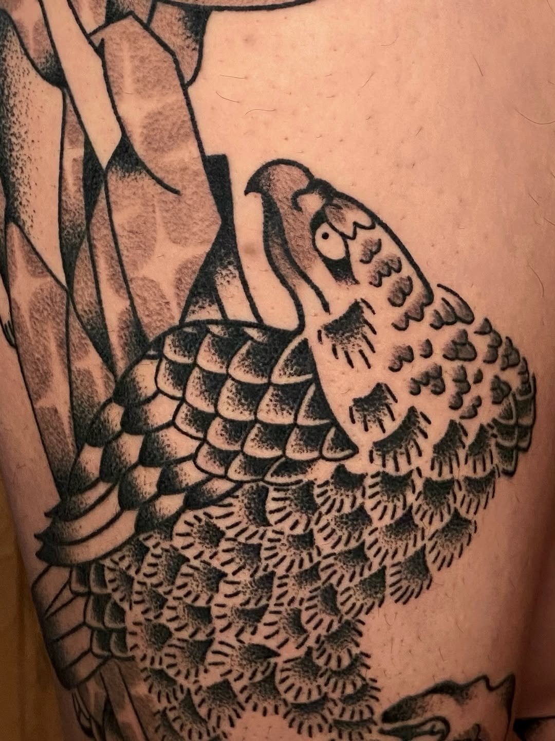Tattoo by @cluelesstattoos — blackwork, illustrative