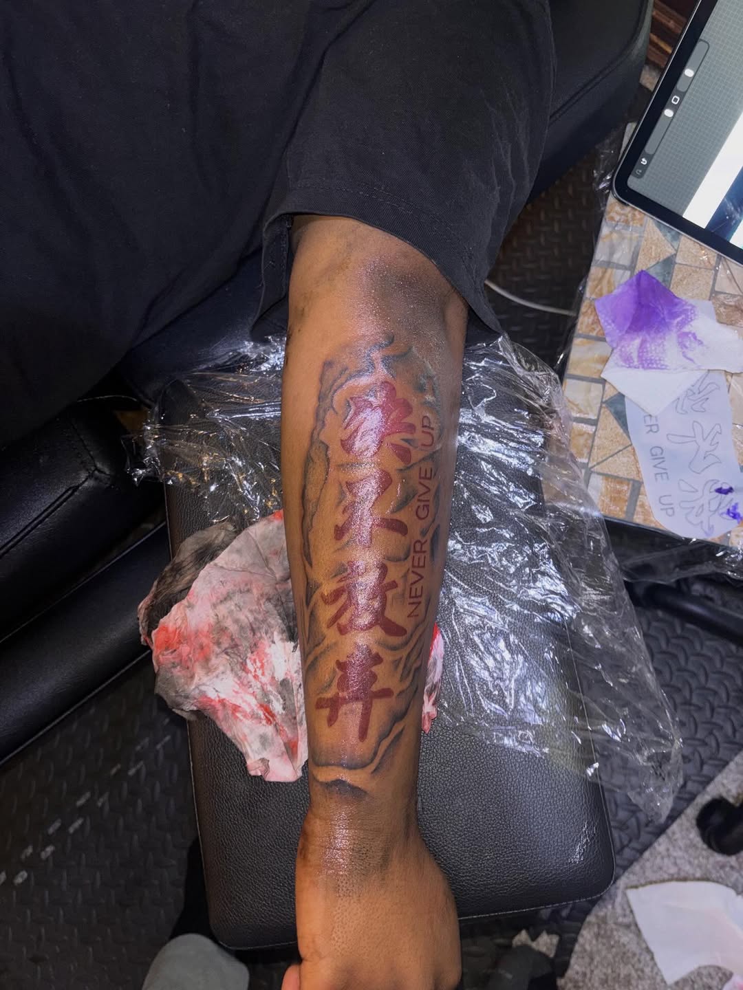 Tattoo by @richmetre_ β lettering_script, black_and_grey