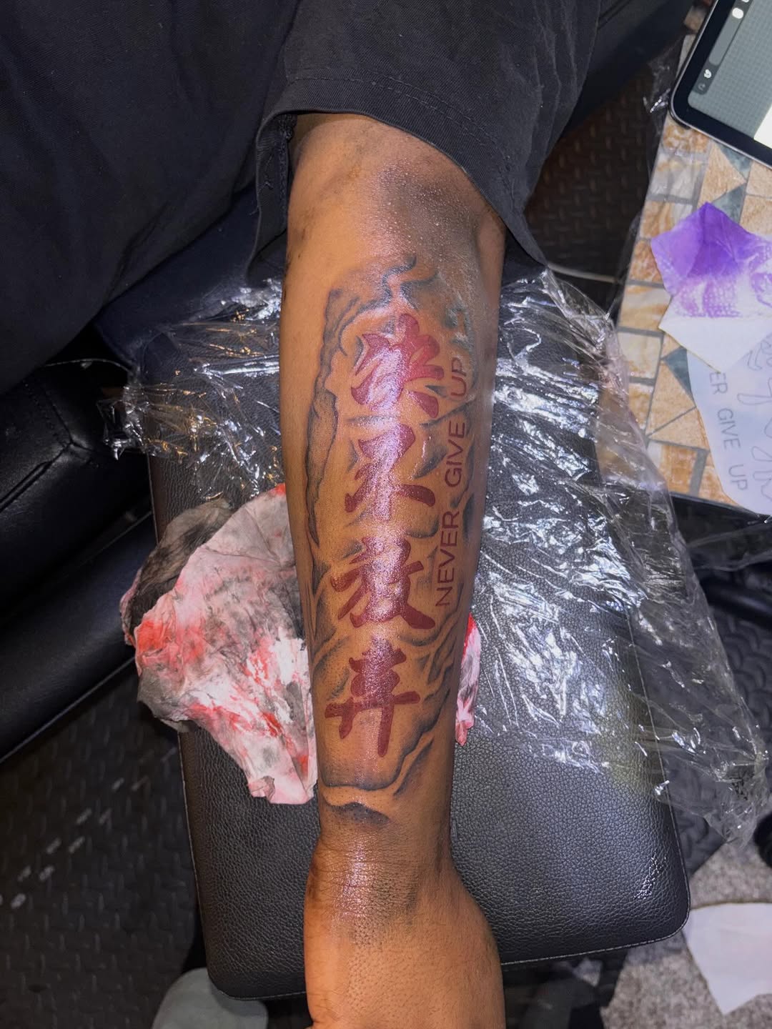 Tattoo by @richmetre_ β lettering_script, black_and_grey