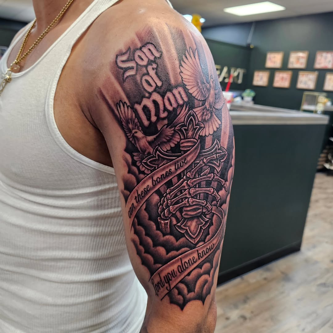 Tattoo by @indeedilly — black_and_grey, lettering_script