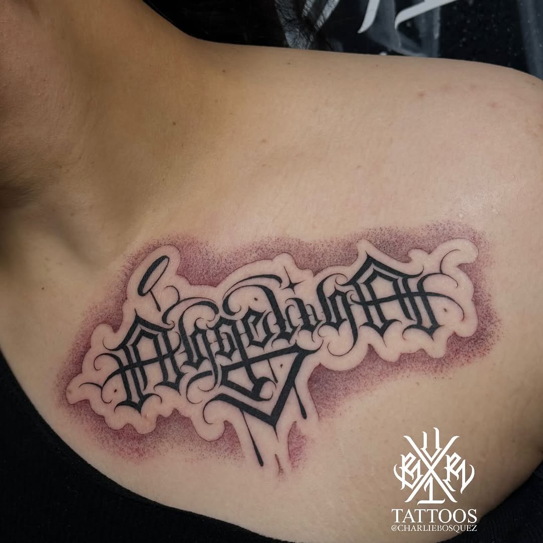 Tattoo by @charliebosquez โ lettering_script, blackwork