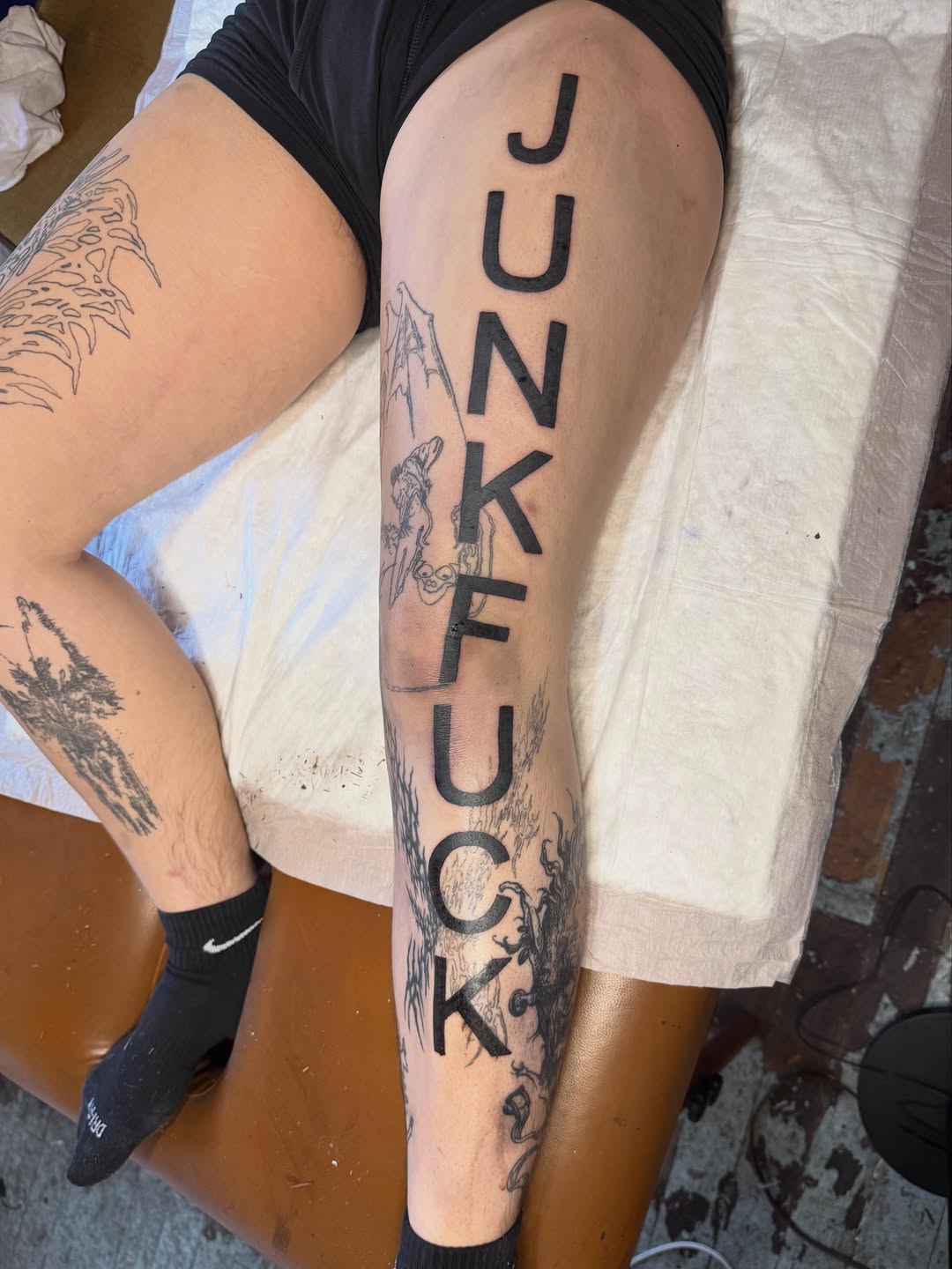 Tattoo by @mr.smiley___ — lettering_script, blackwork
