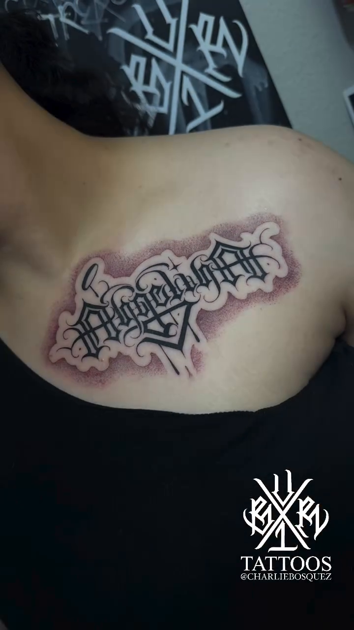 Tattoo by @charliebosquez โ lettering_script, blackwork