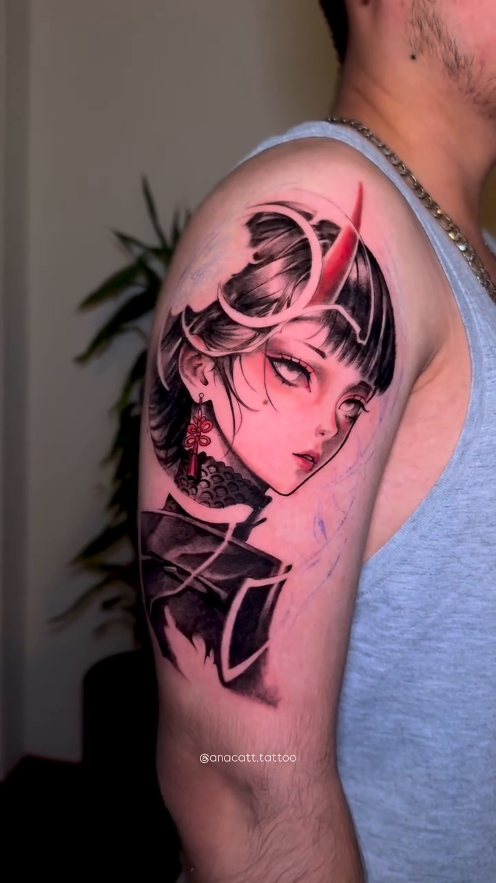 Tattoo by @anacatt.tattoo — anime, black_and_grey