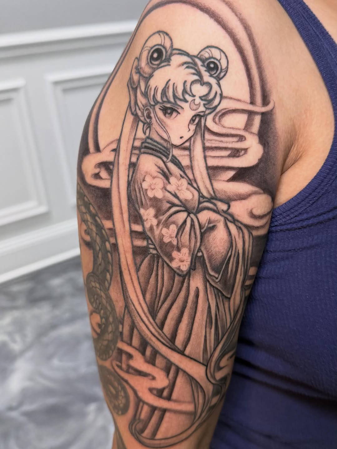 Tattoo by @mekong_lotus — anime, black_and_grey