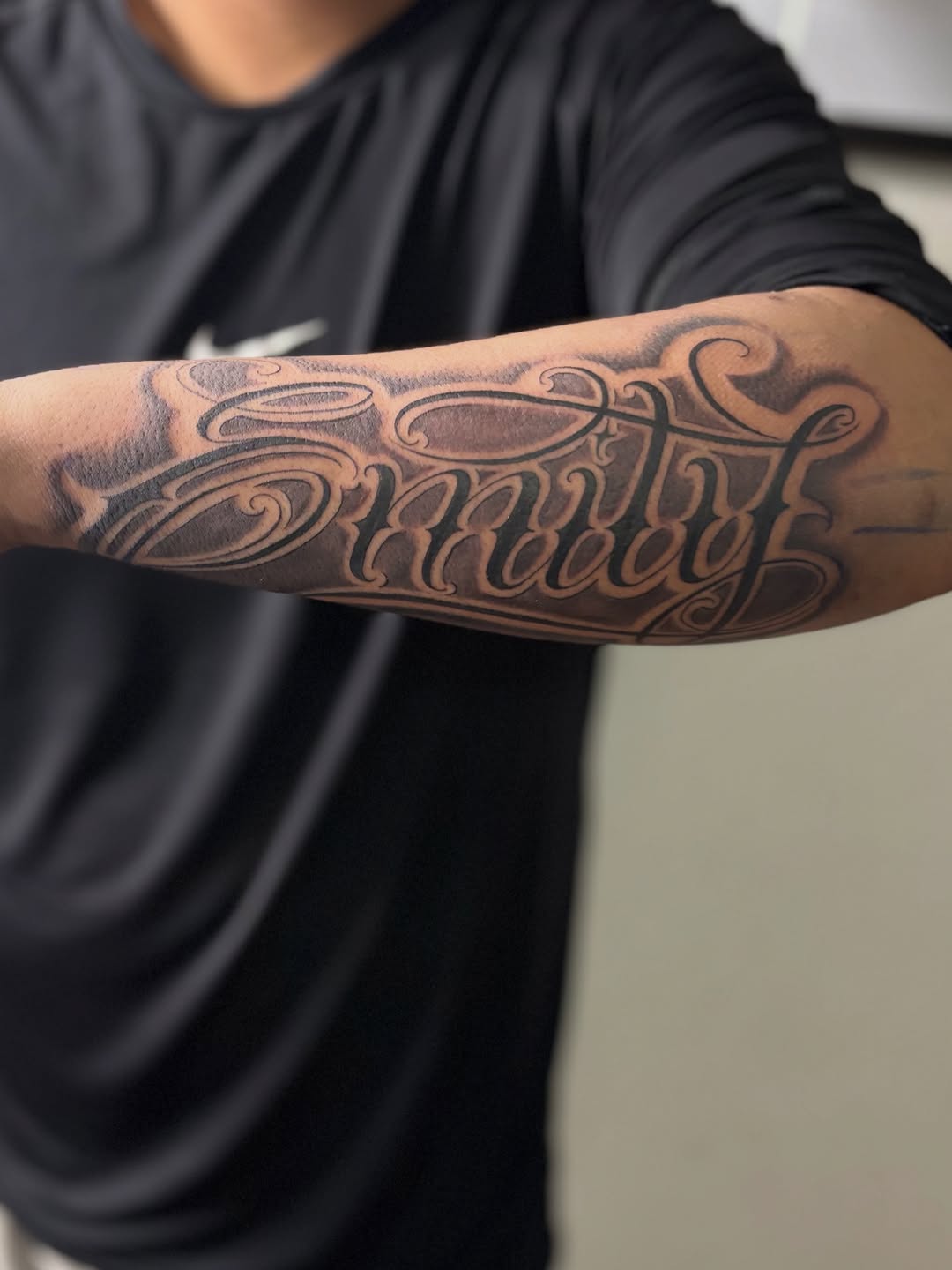 Tattoo by @tattoosbyadrian โ lettering_script, black_and_grey
