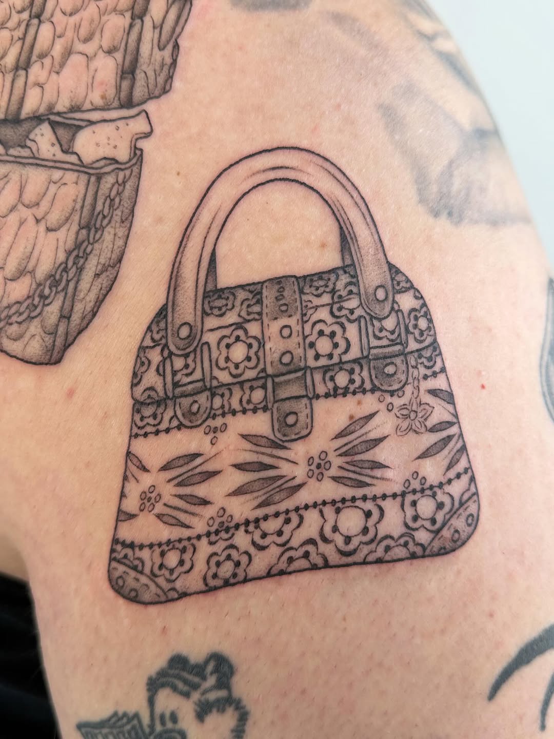 Tattoo by @honeylucktattoo — illustrative, black_and_grey