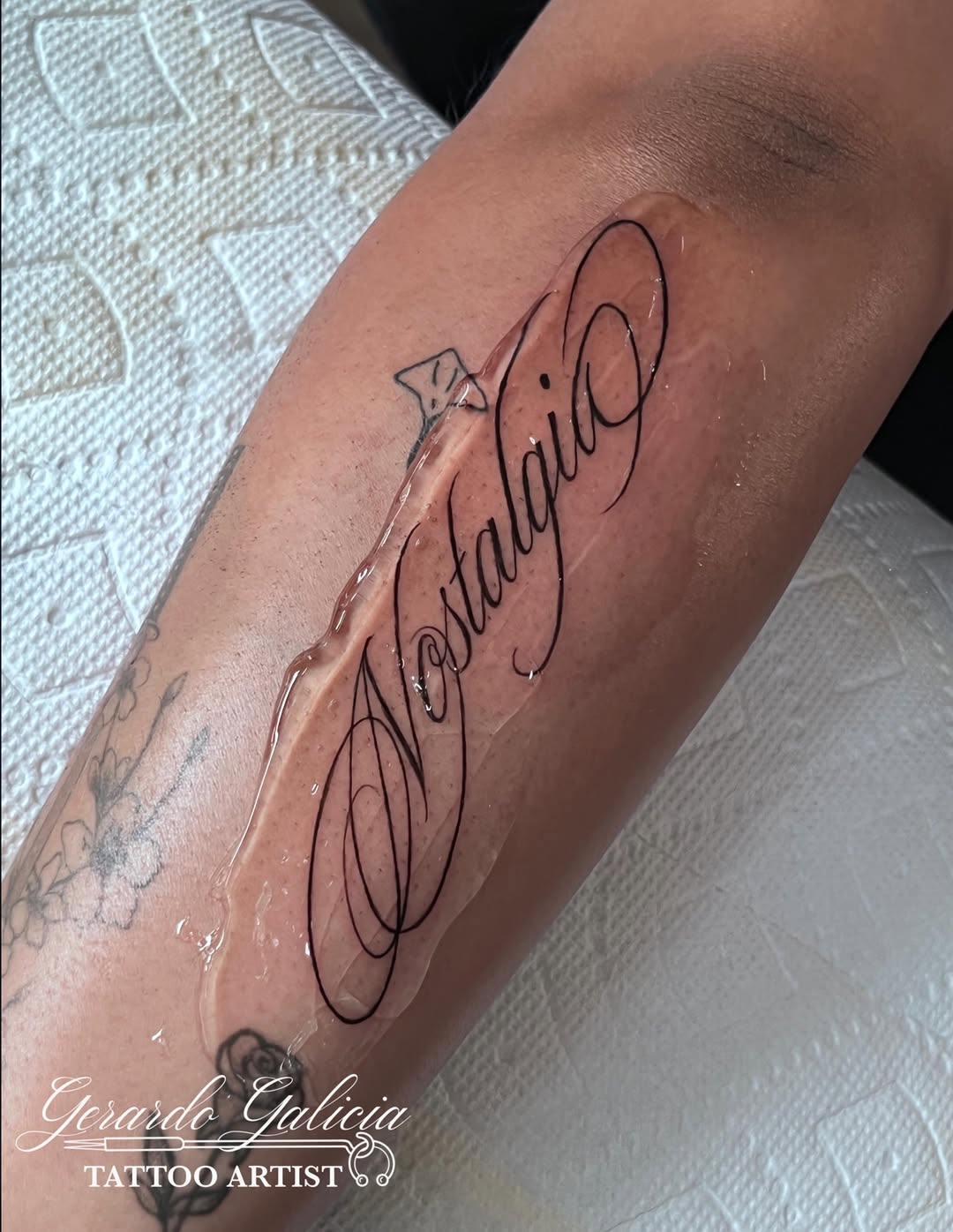Tattoo by @galiciaink — lettering_script, fine_line
