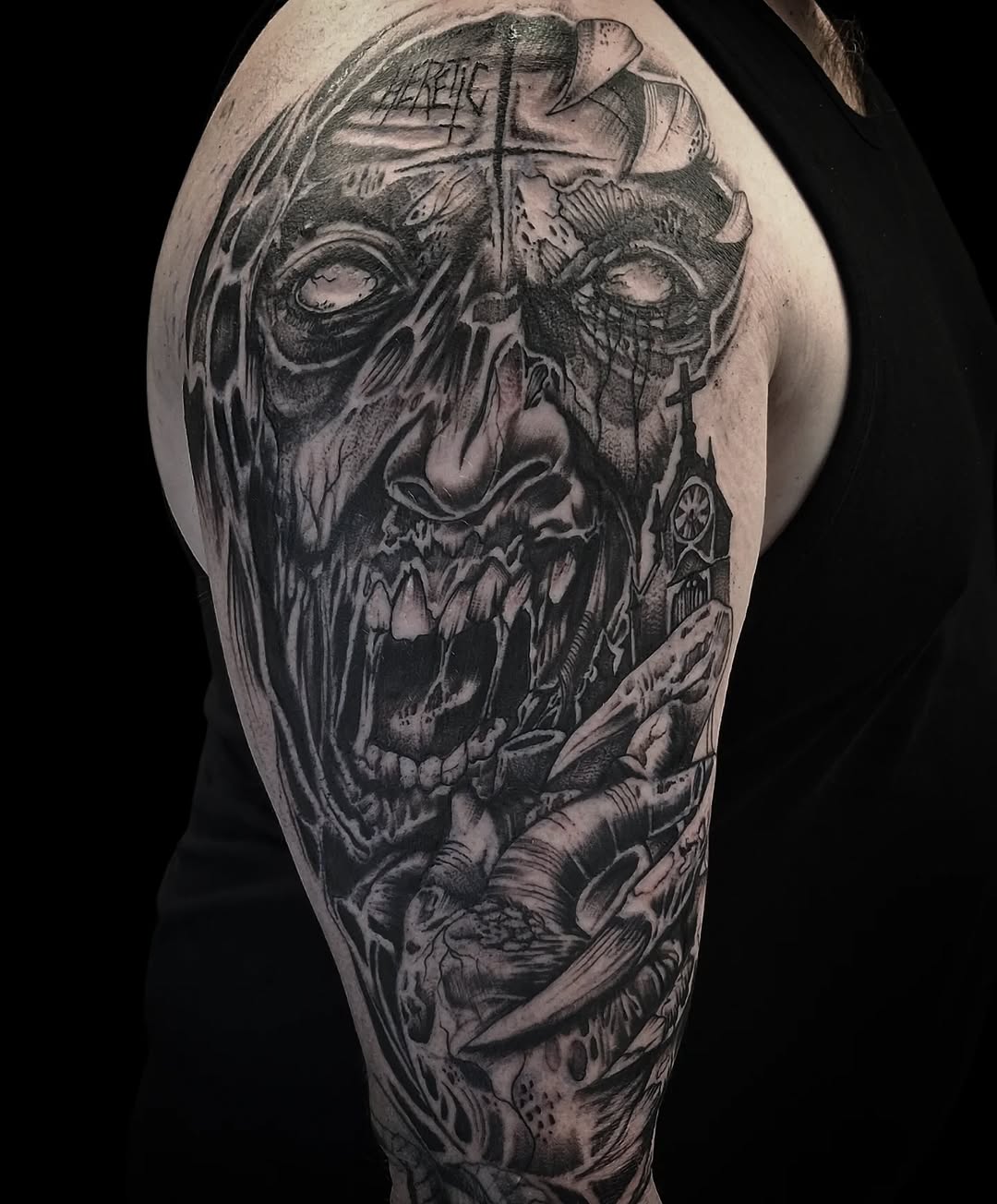 Tattoo by @powetattoos — dark_realism, black_and_grey