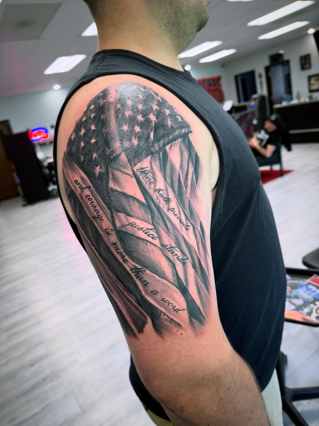 Tattoo by @artist.jon.dykes — black_and_grey, lettering_script