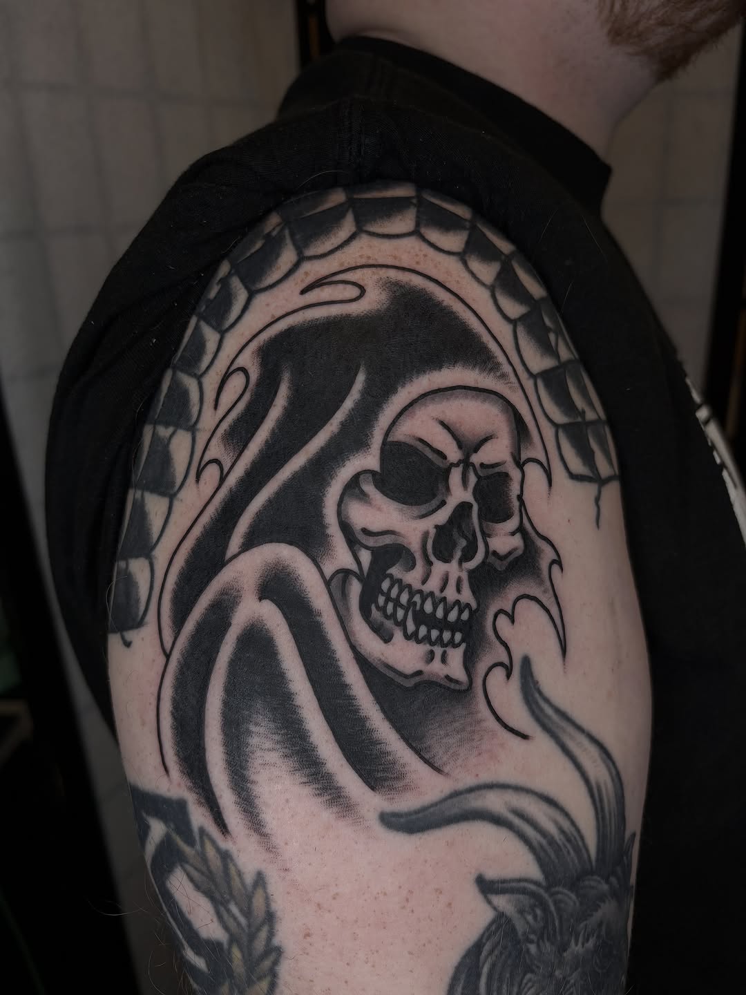 Tattoo by @cameron.tattoos — blackwork, black_and_grey