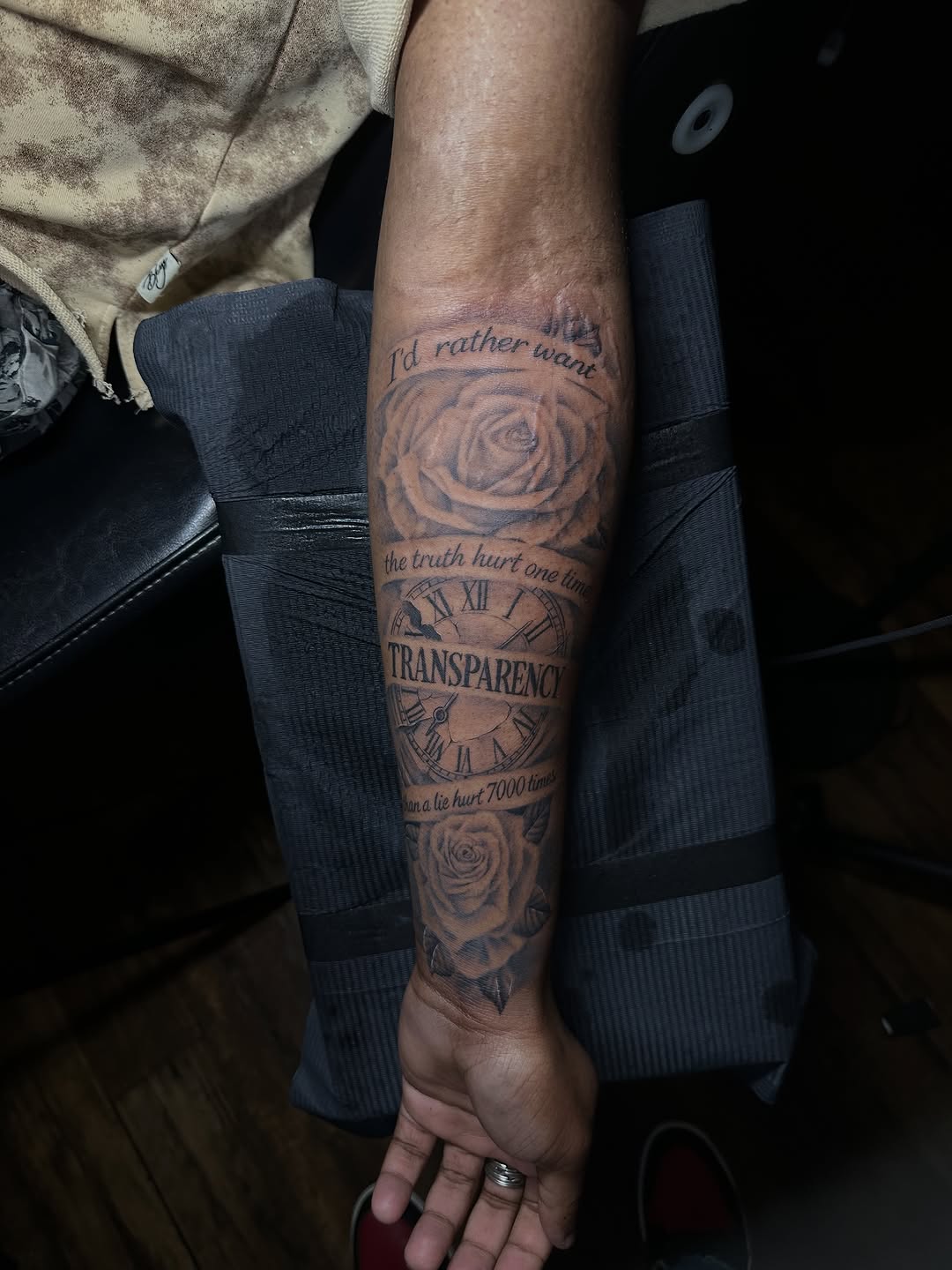 Tattoo by @chrisdoestattoos — black_and_grey, lettering_script