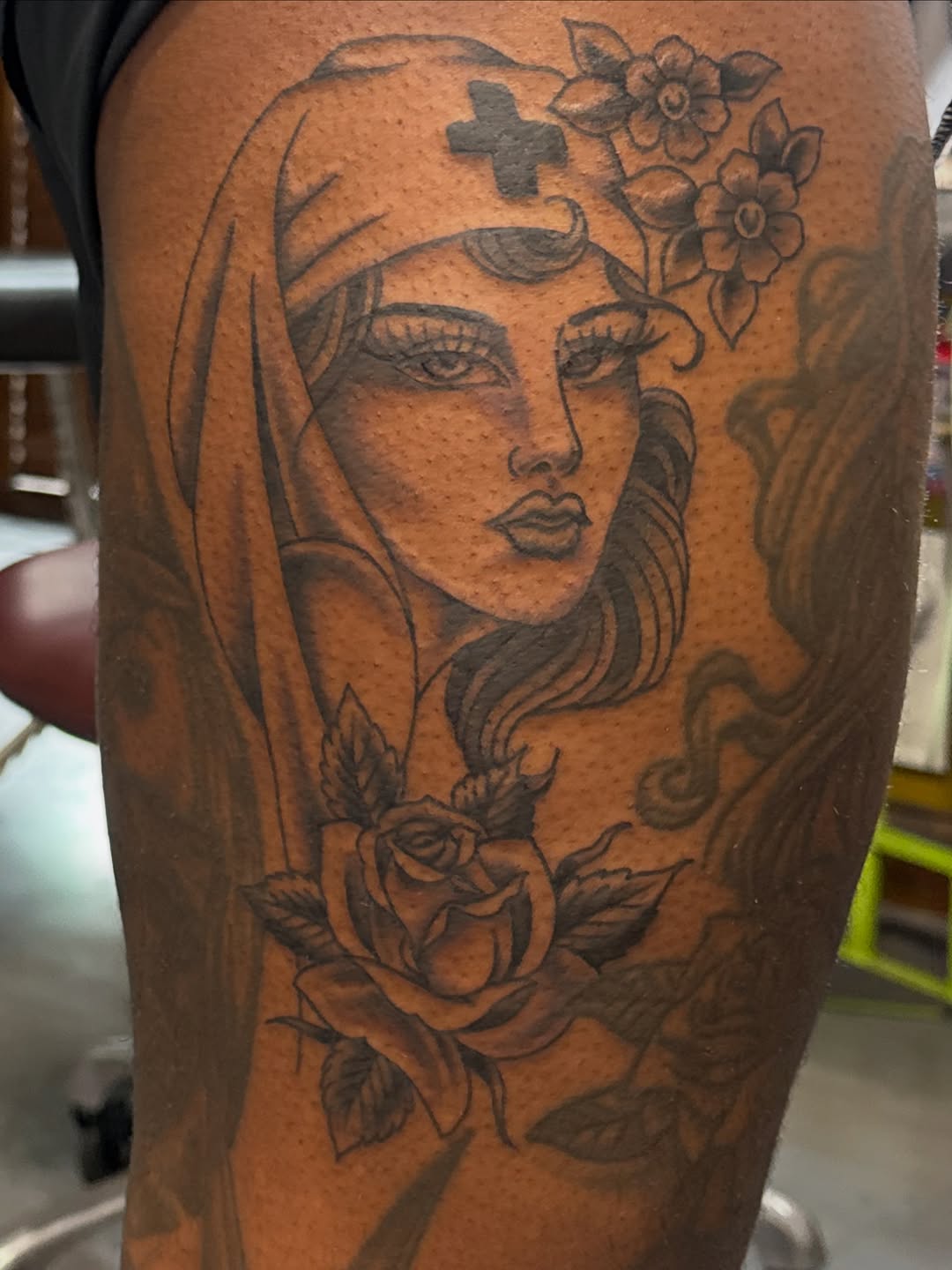Tattoo by @devin_and_helltattoos — black_and_grey, neo_traditional