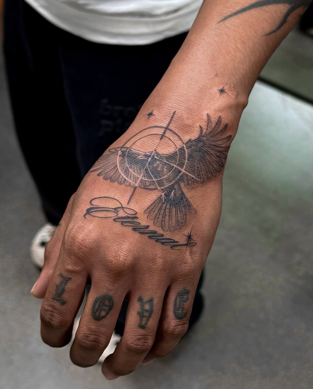 Tattoo by @eblu.ink — black_and_grey, lettering_script