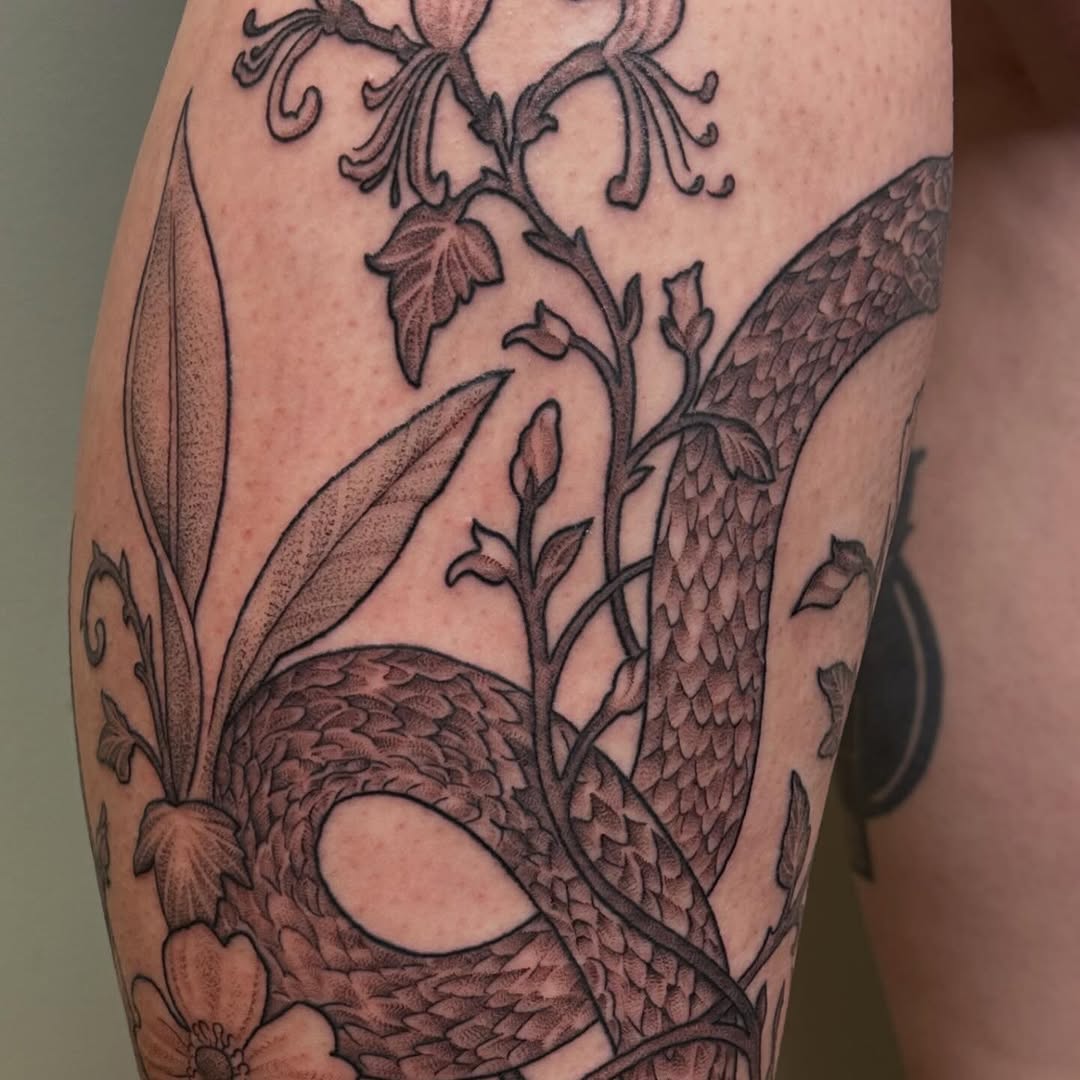 Tattoo by @hunterdoestattoos — dotwork, black_and_grey