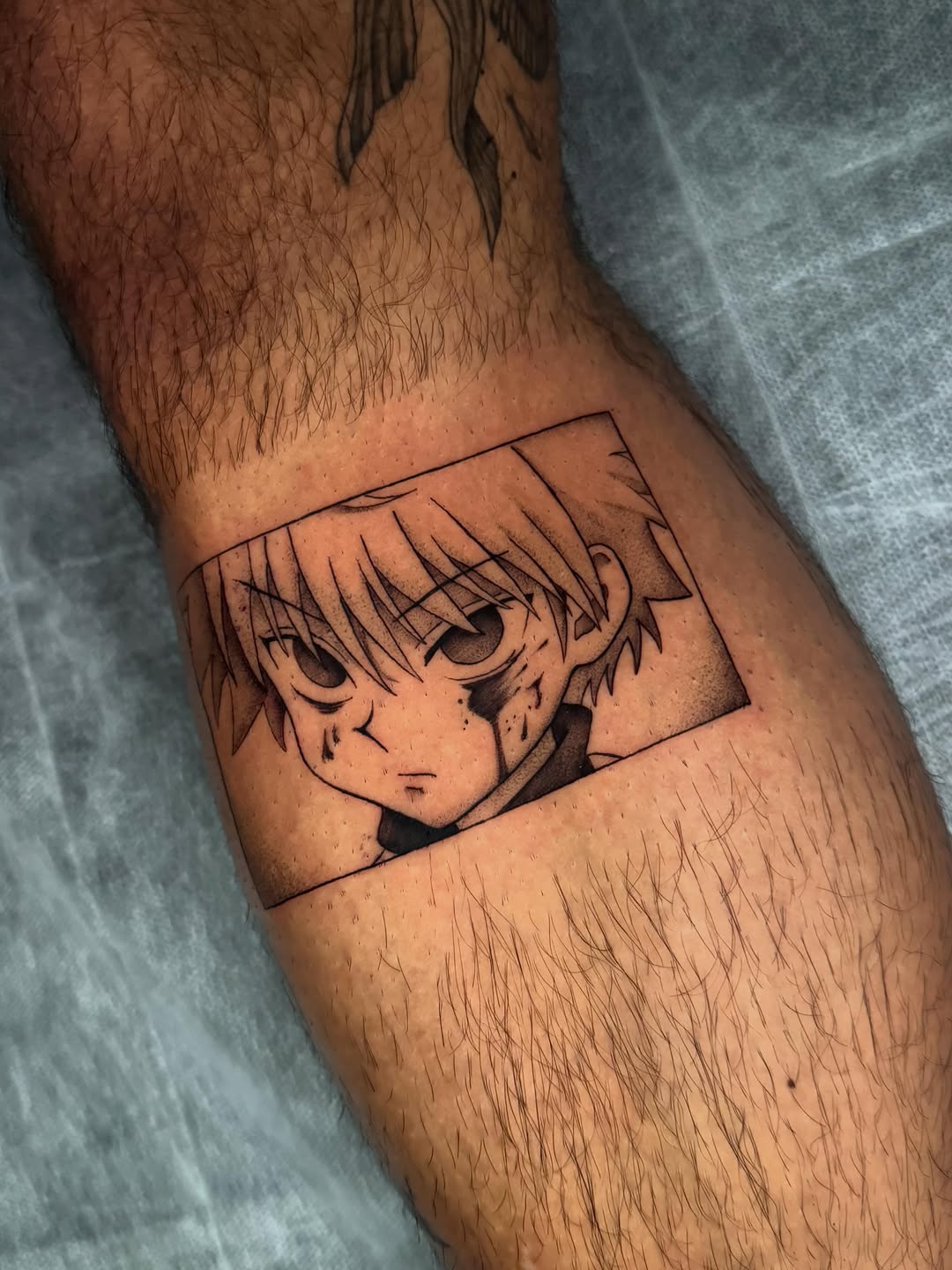 Tattoo by @hackytats — anime, black_and_grey