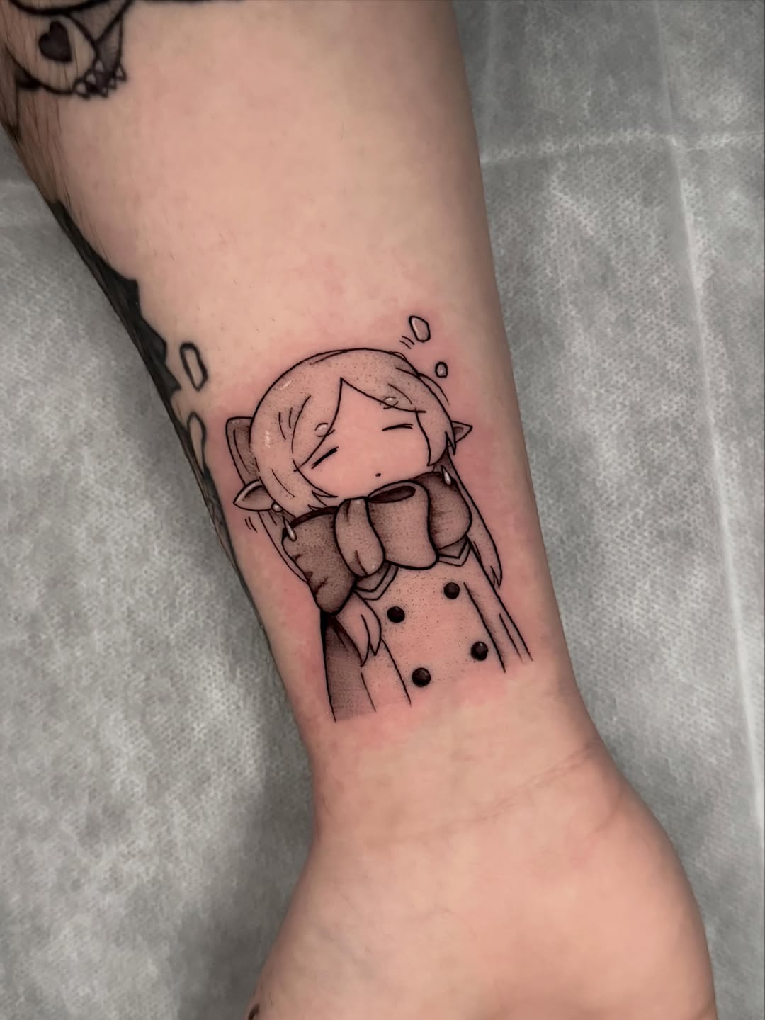 Tattoo by @hackytats — anime, black_and_grey