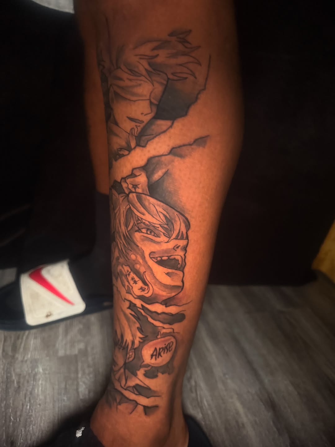 Tattoo by @skunk_punk_ink — anime, black_and_grey