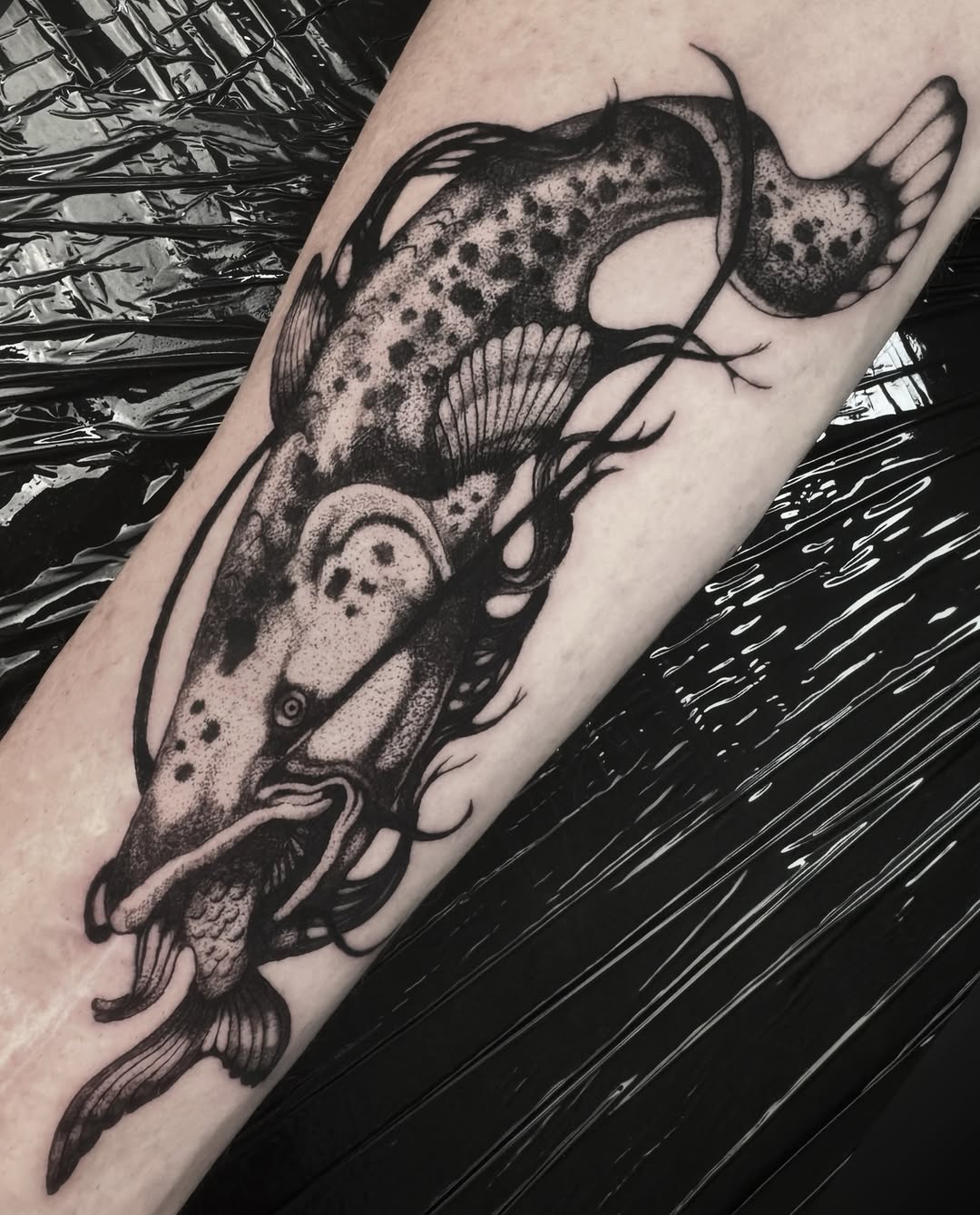 Tattoo by @kikimora.tattoo — dotwork, black_and_grey