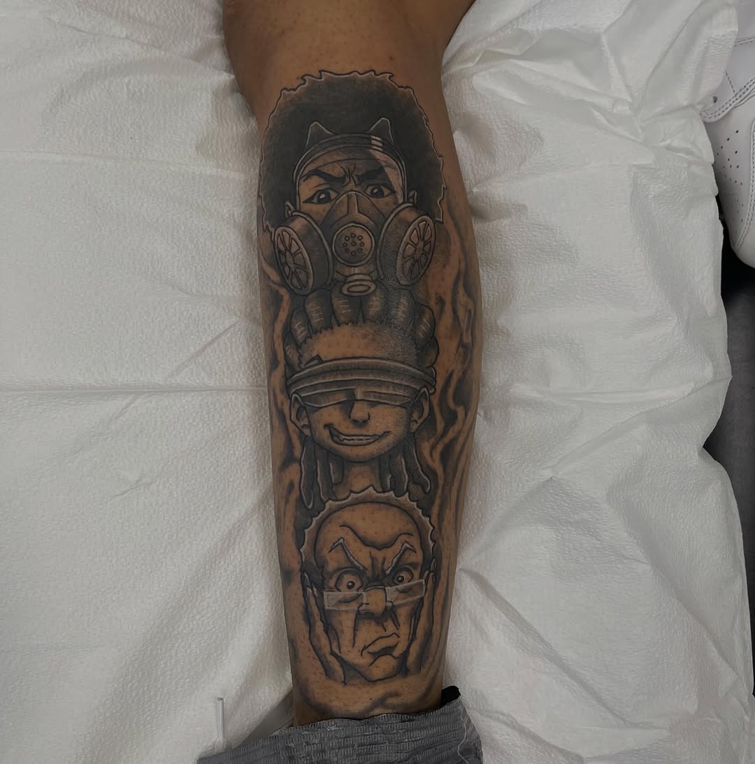 Tattoo by @bigreggtattoos — anime, black_and_grey