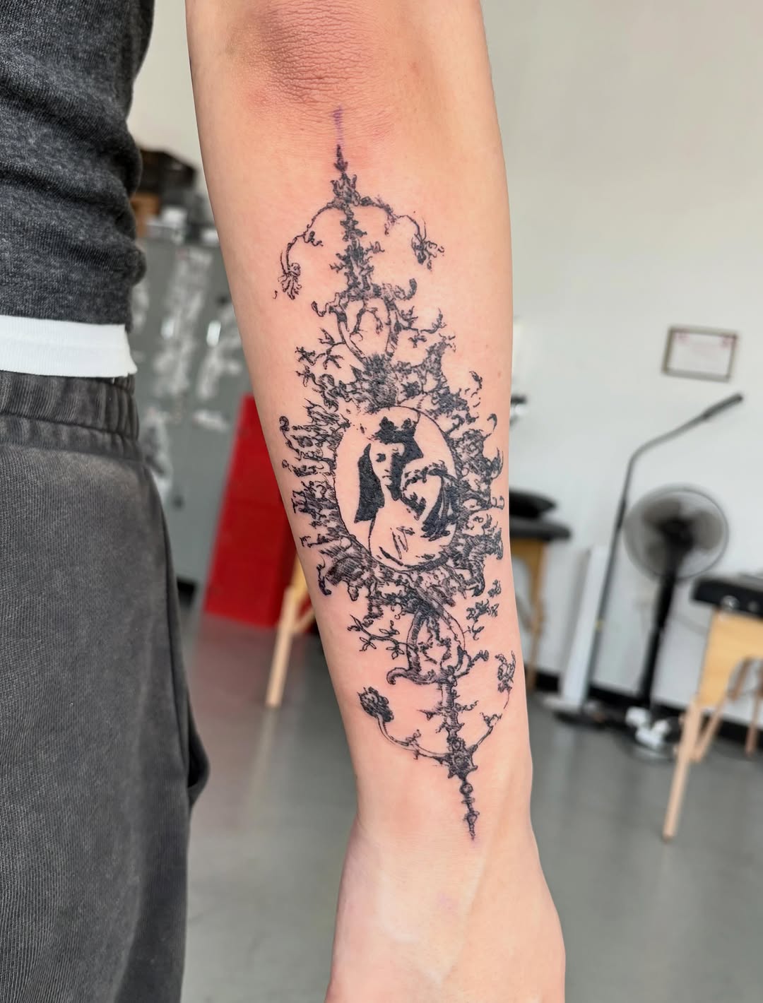 Tattoo by @spikecharms — illustrative, blackwork