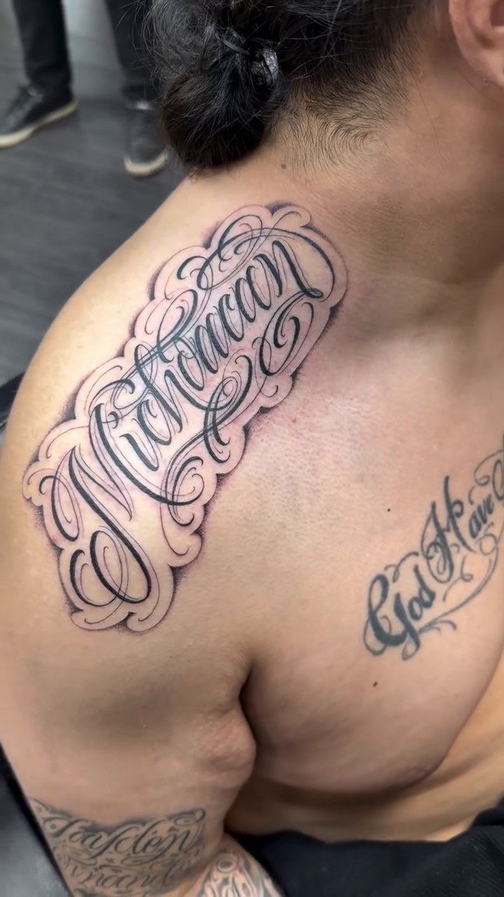 Tattoo by @scriptinator — lettering_script, black_and_grey