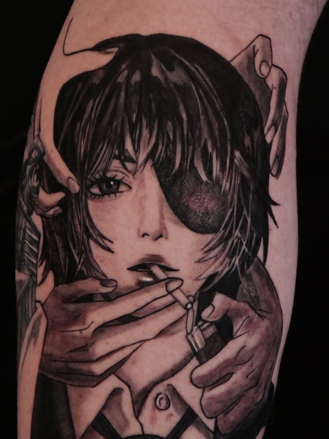 Tattoo by @eclipsedscarletart — black_and_grey