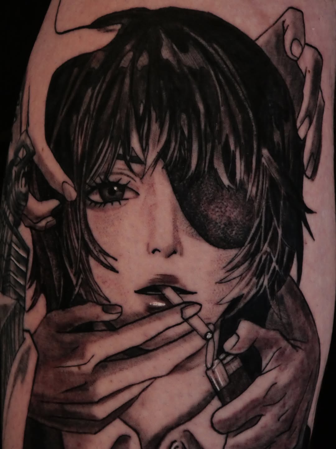 Tattoo by @eclipsedscarletart — black_and_grey