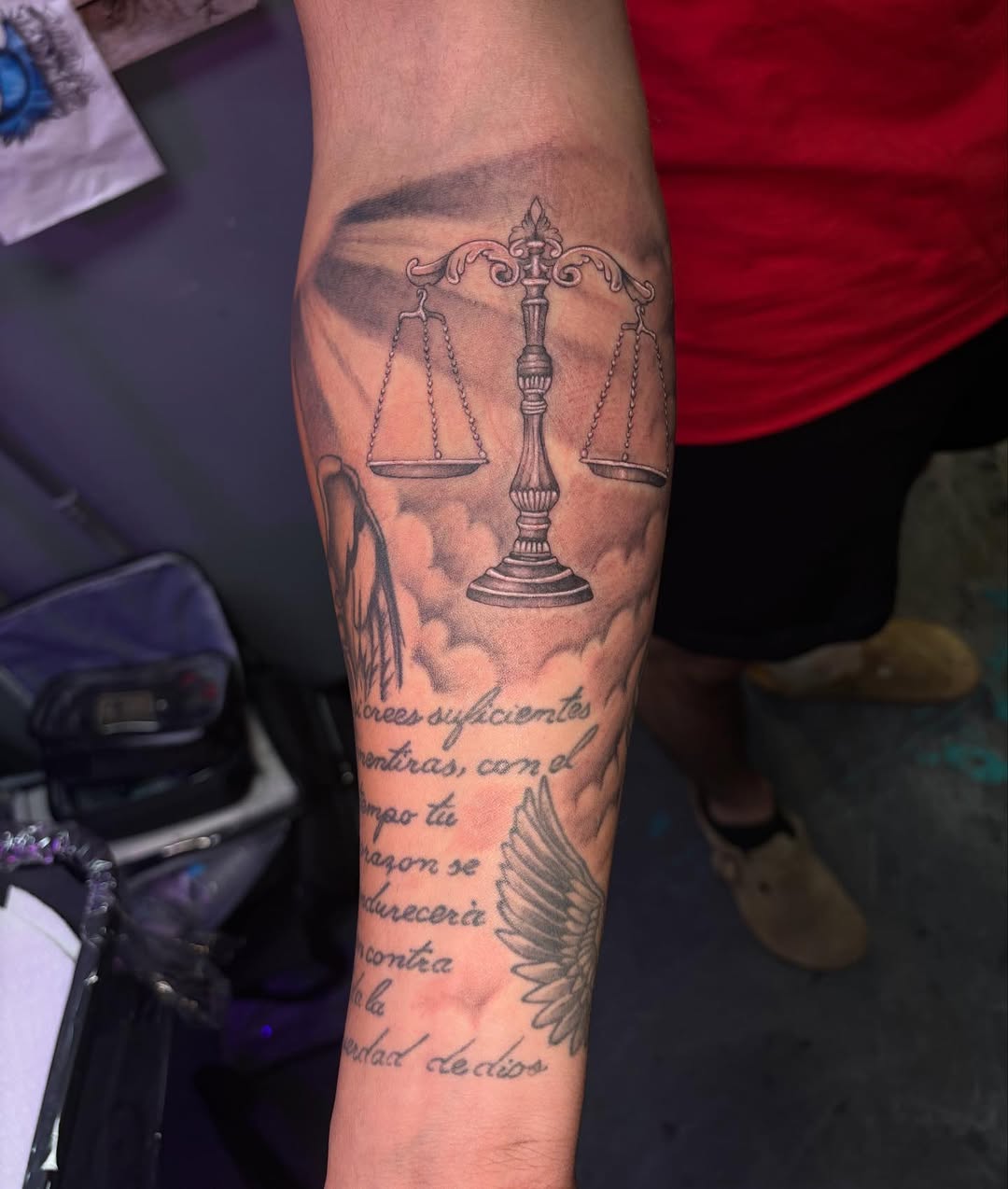 Tattoo by @darsey.waters.art โ black_and_grey, lettering_script