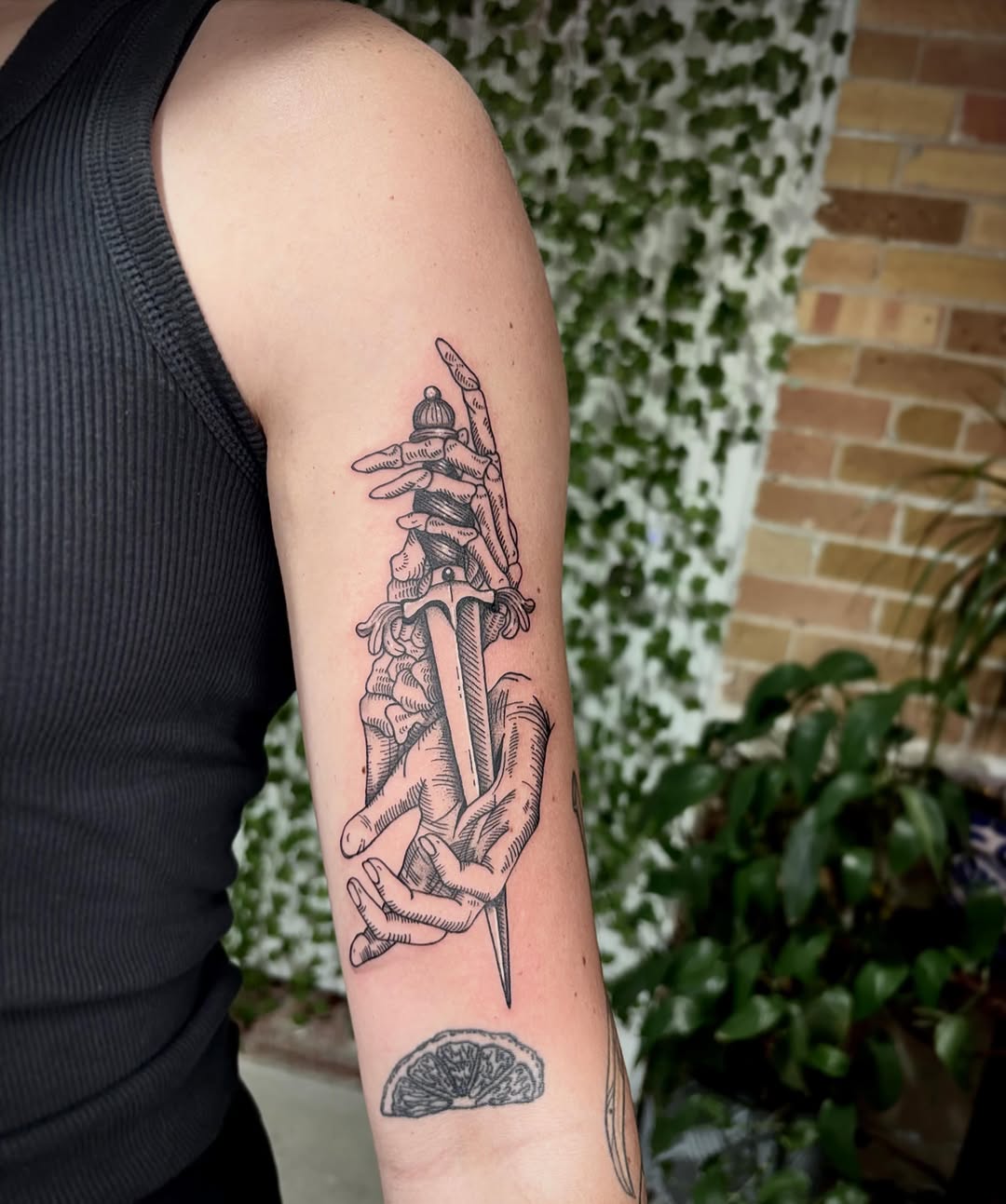 Tattoo by @destiney.tattoos — illustrative, blackwork