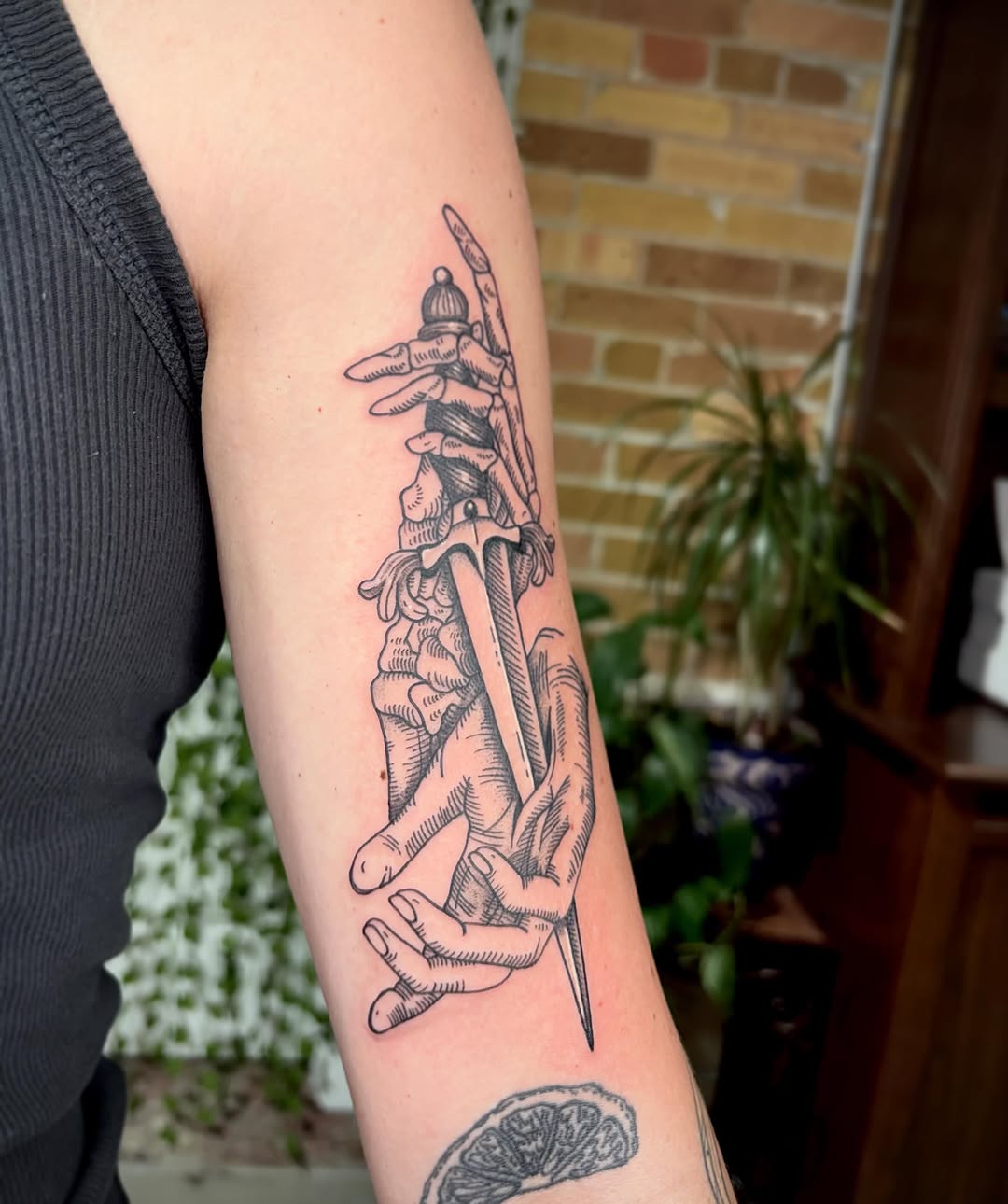 Tattoo by @destiney.tattoos — illustrative, black_and_grey