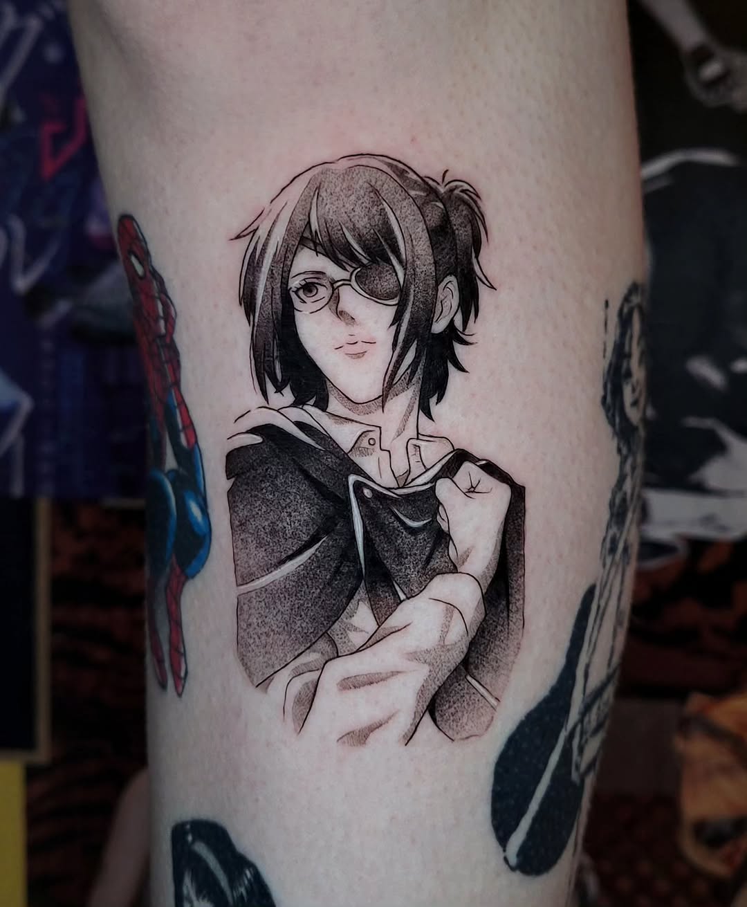 Tattoo by @oat.miilku — anime, black_and_grey