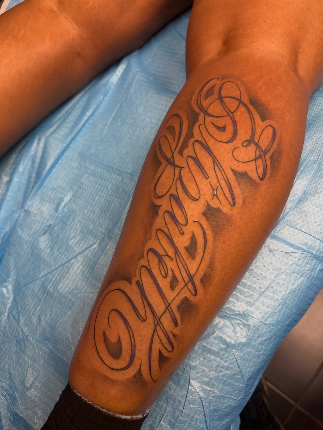 Tattoo by @theehotcoworker — lettering_script, black_and_grey