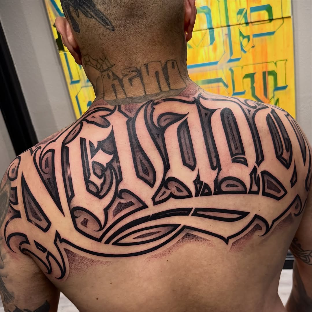 Tattoo by @aleckzi_ramos — lettering_script, chicano