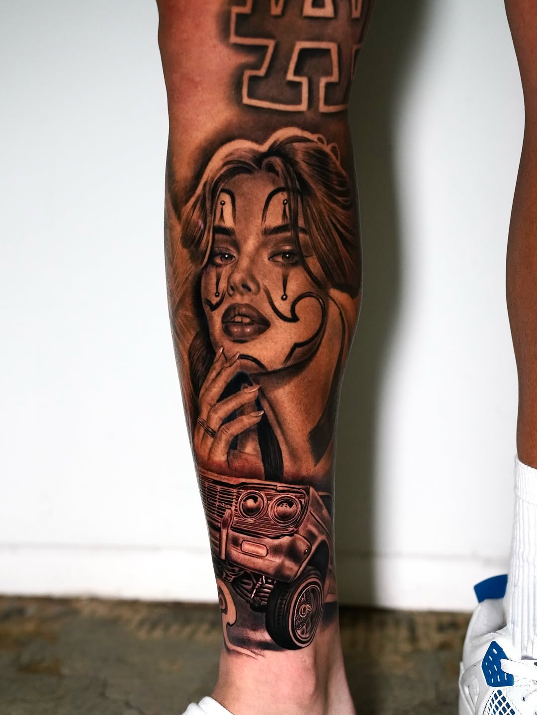 Tattoo by @smileyartla — black_and_grey, chicano