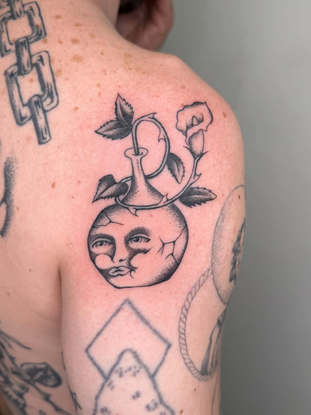 Tattoo by @rinoski.tattoo — illustrative, black_and_grey