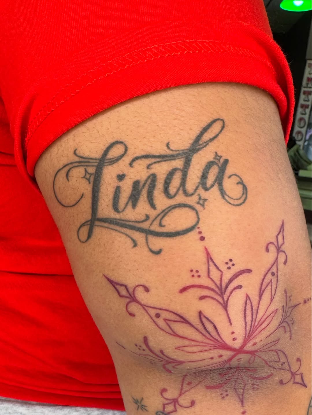 Tattoo by @inkedbycora — lettering_script, ornamental