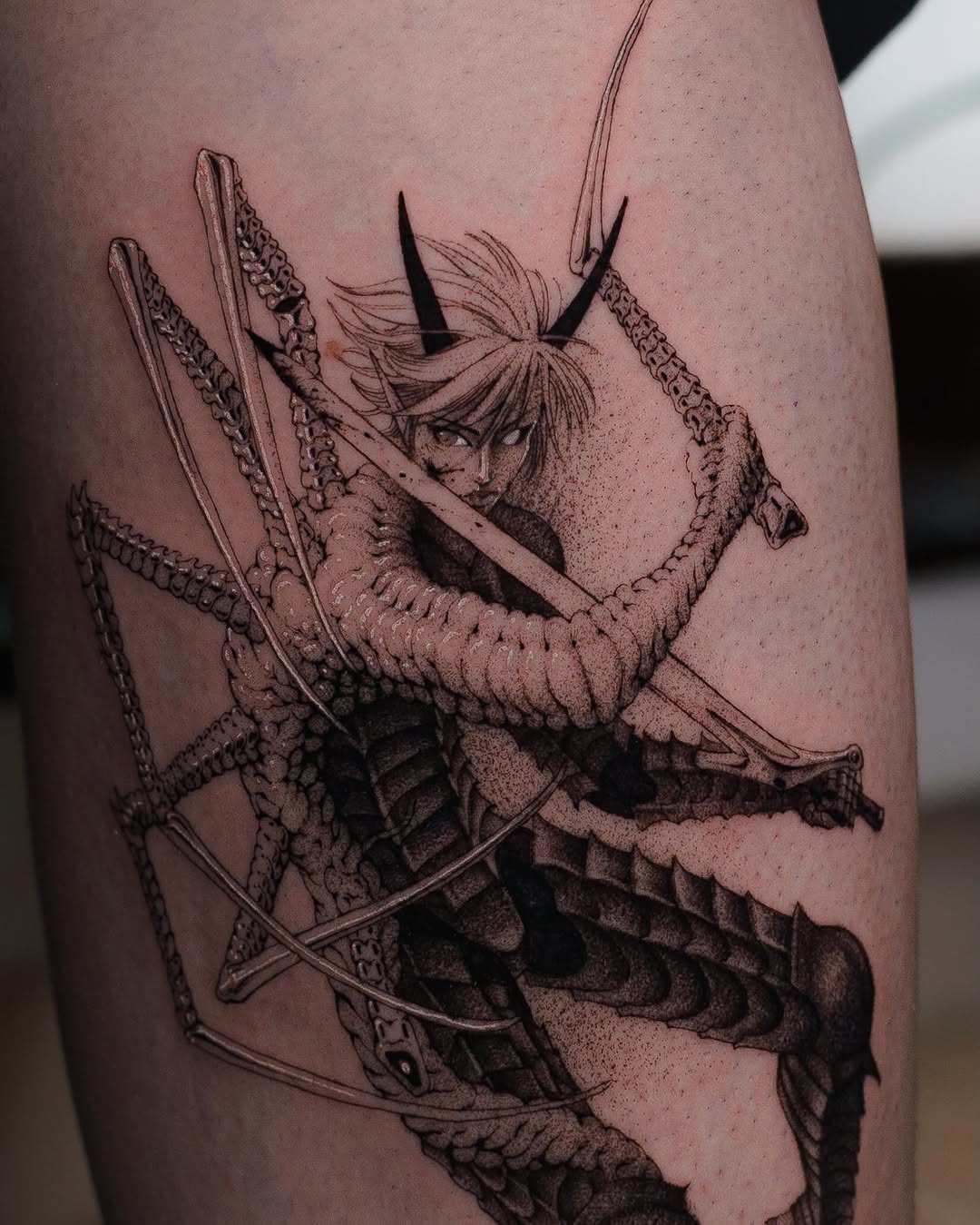 Tattoo by @nowthisyujhi — black_and_grey, dotwork