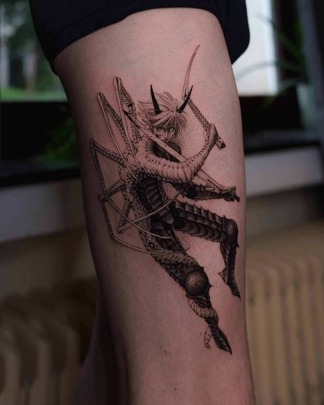 Tattoo by @nowthisyujhi — black_and_grey, dotwork