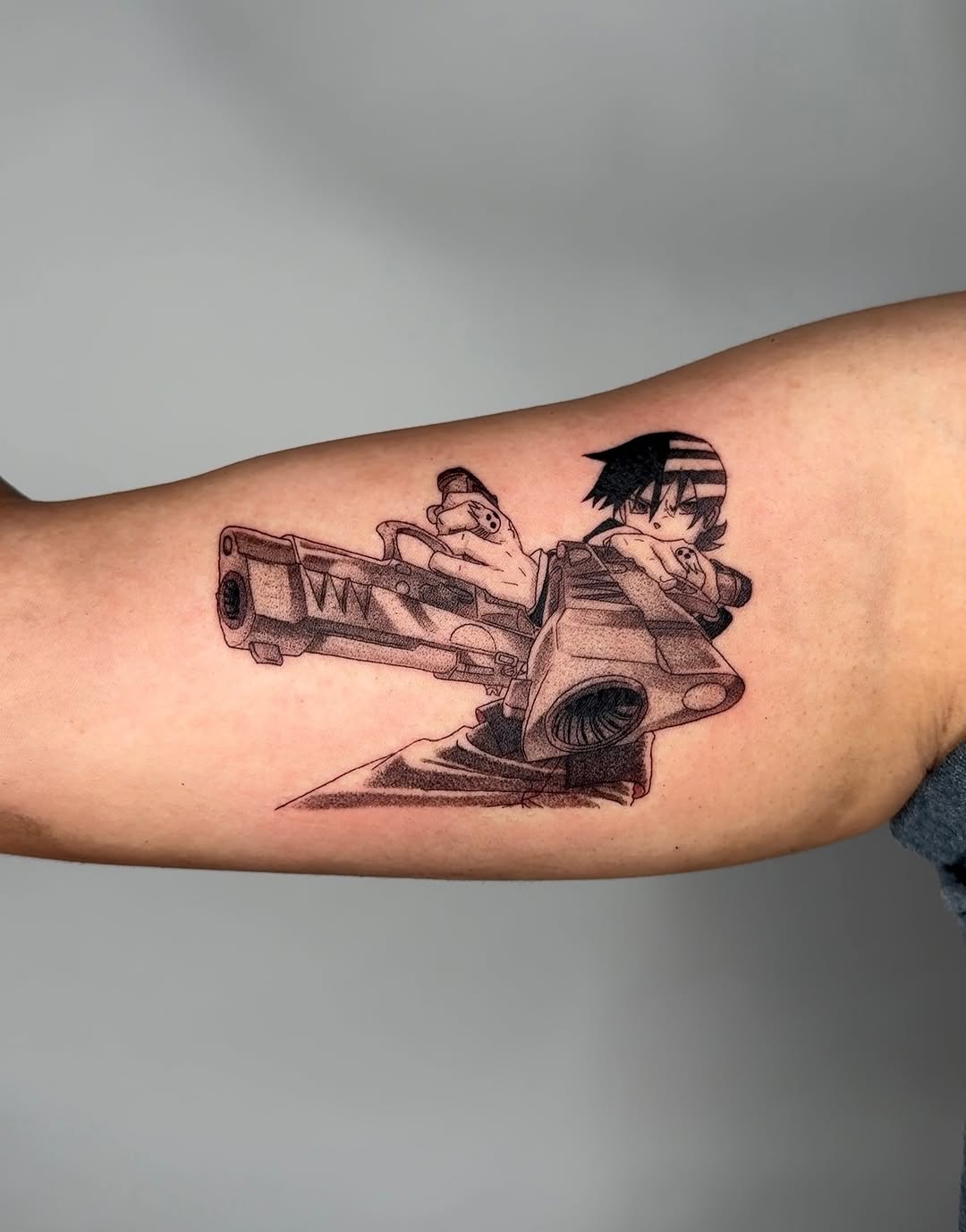 Tattoo by @konnichiwa.emi — anime, black_and_grey