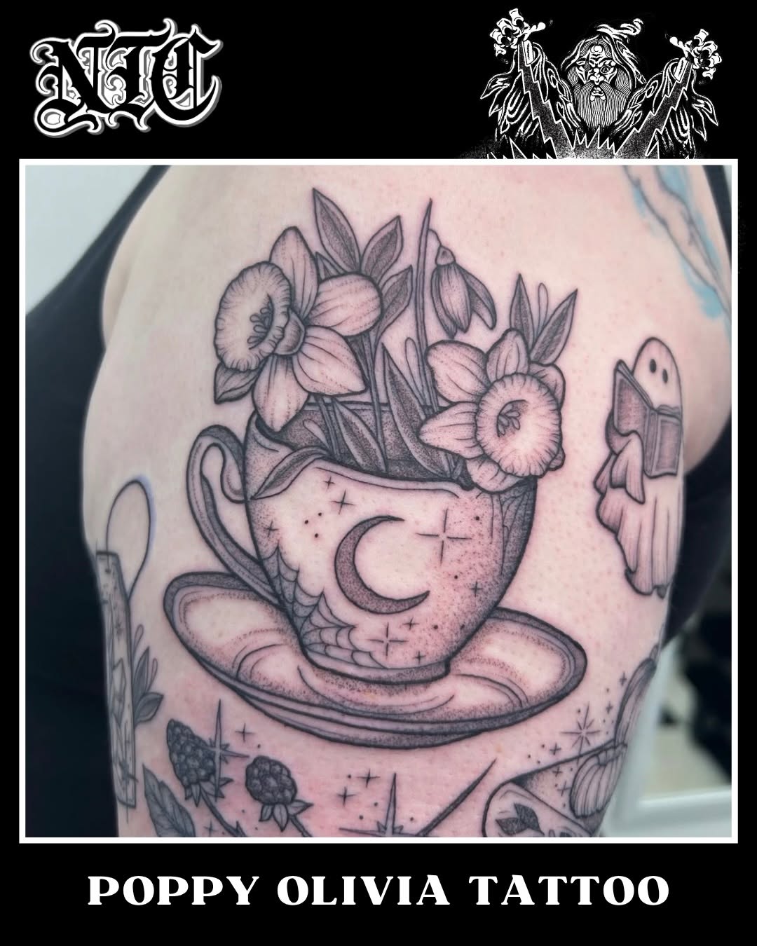 Tattoo by @poppyoliviatattoo — black_and_grey, dotwork