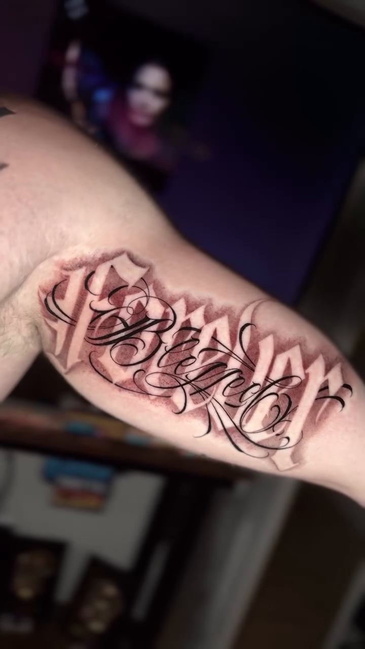 Tattoo by @gees_arte β lettering_script, black_and_grey