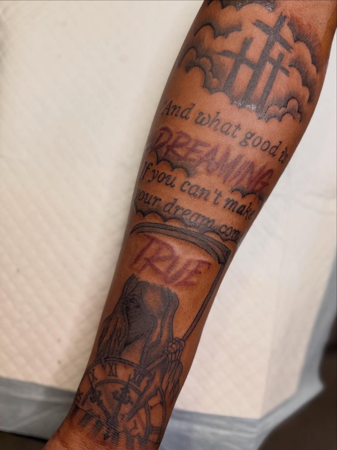 Tattoo by @inkedbyaneye — lettering_script, black_and_grey