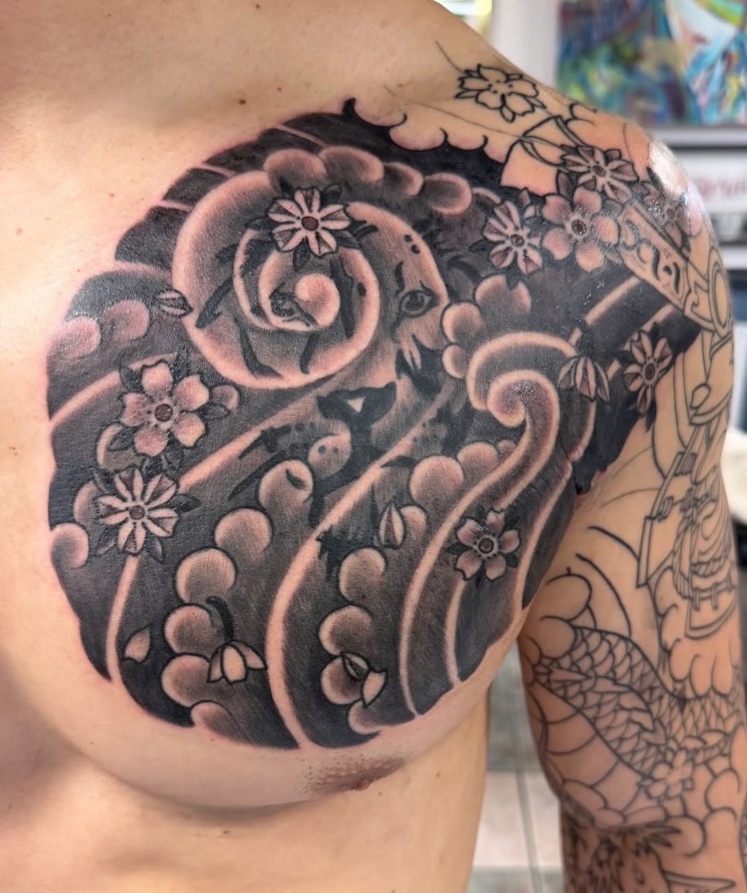 Tattoo by @corey_lostdog — japanese_irezumi, black_and_grey
