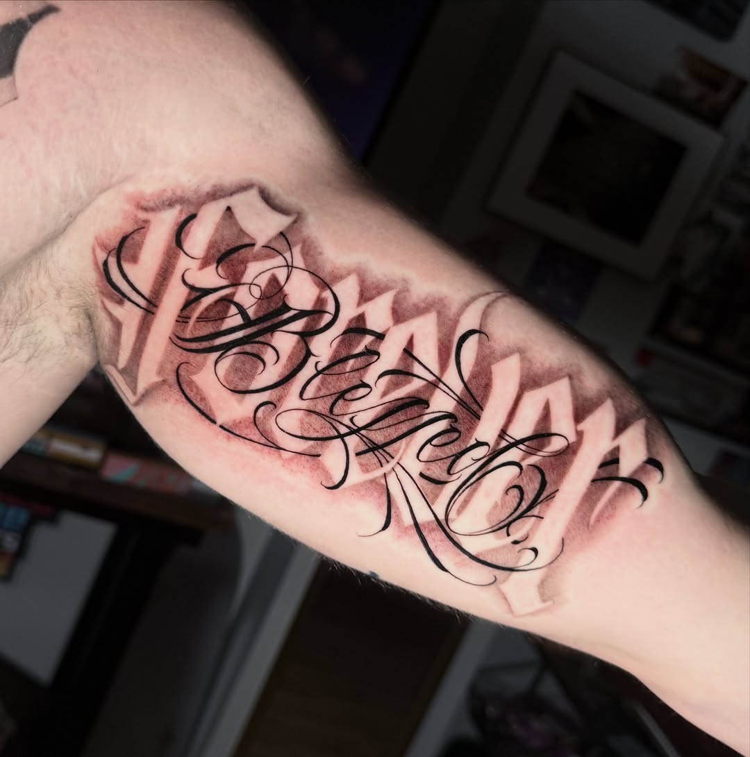 Tattoo by @gees_arte β lettering_script, black_and_grey