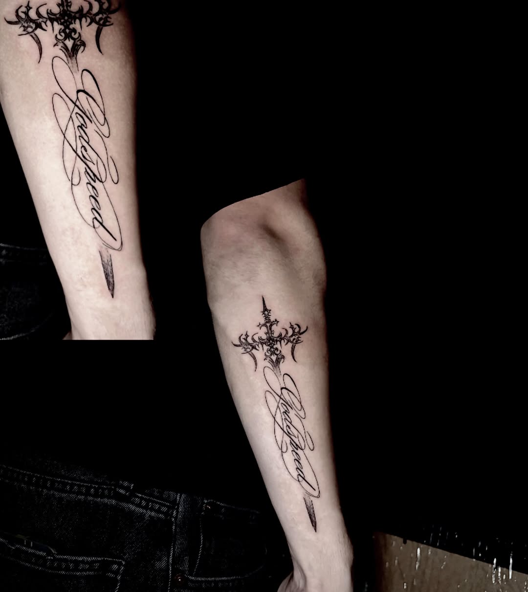 Tattoo by @stainedskintattoo — lettering_script, ornamental