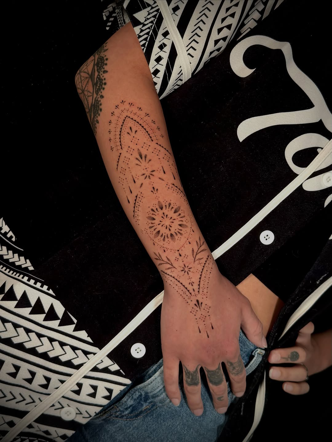 Tattoo by @tenderpoke — dotwork, ornamental
