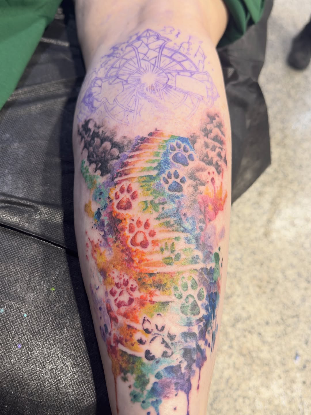 Tattoo by @dragonflytattoostudio — watercolor, dotwork