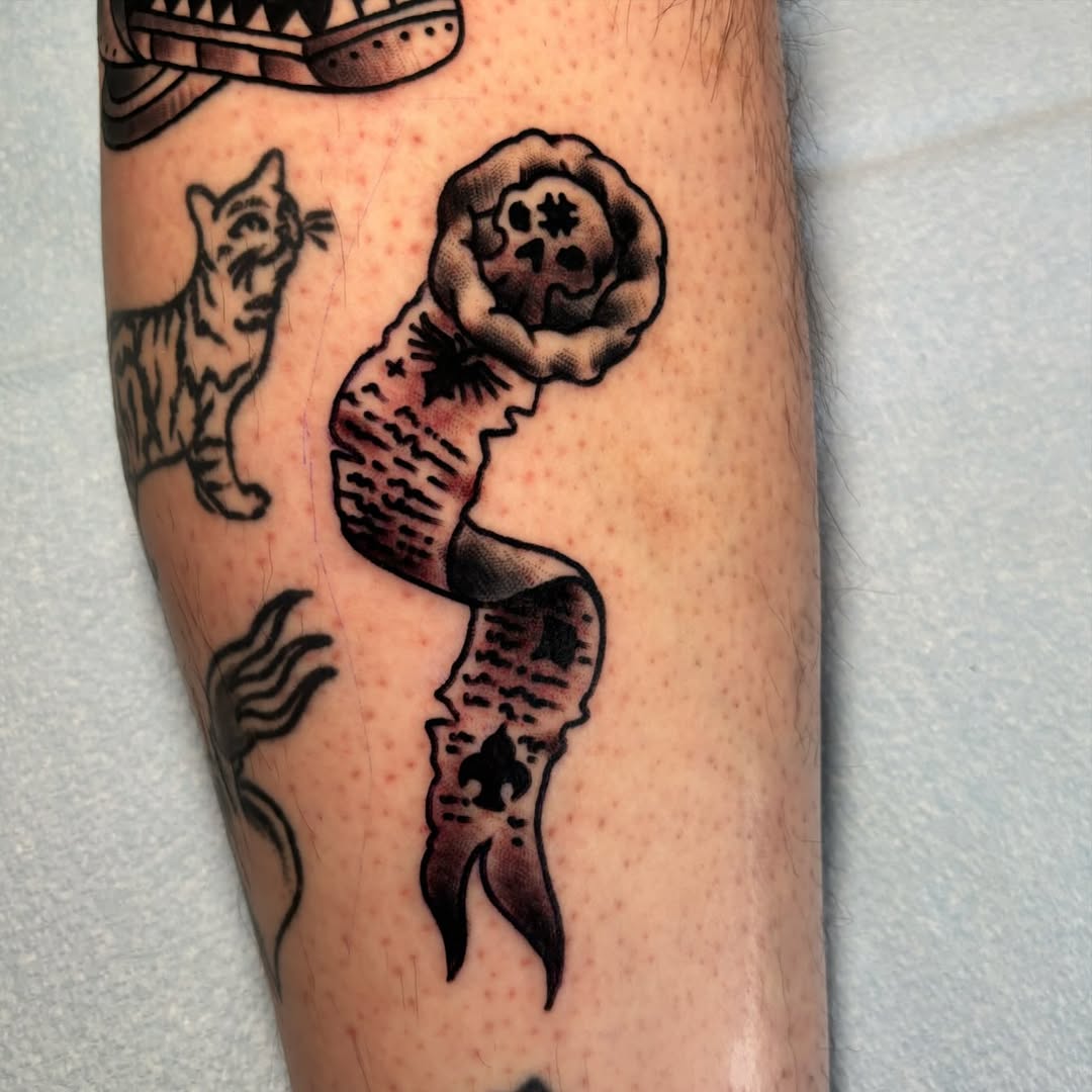 Tattoo by @gwodzilla_mst — american_traditional, lettering_script